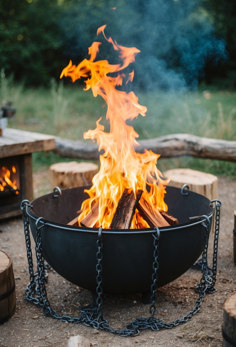 A large fire pit made of welded chains, surrounded by rustic elements and set in a natural outdoor setting
