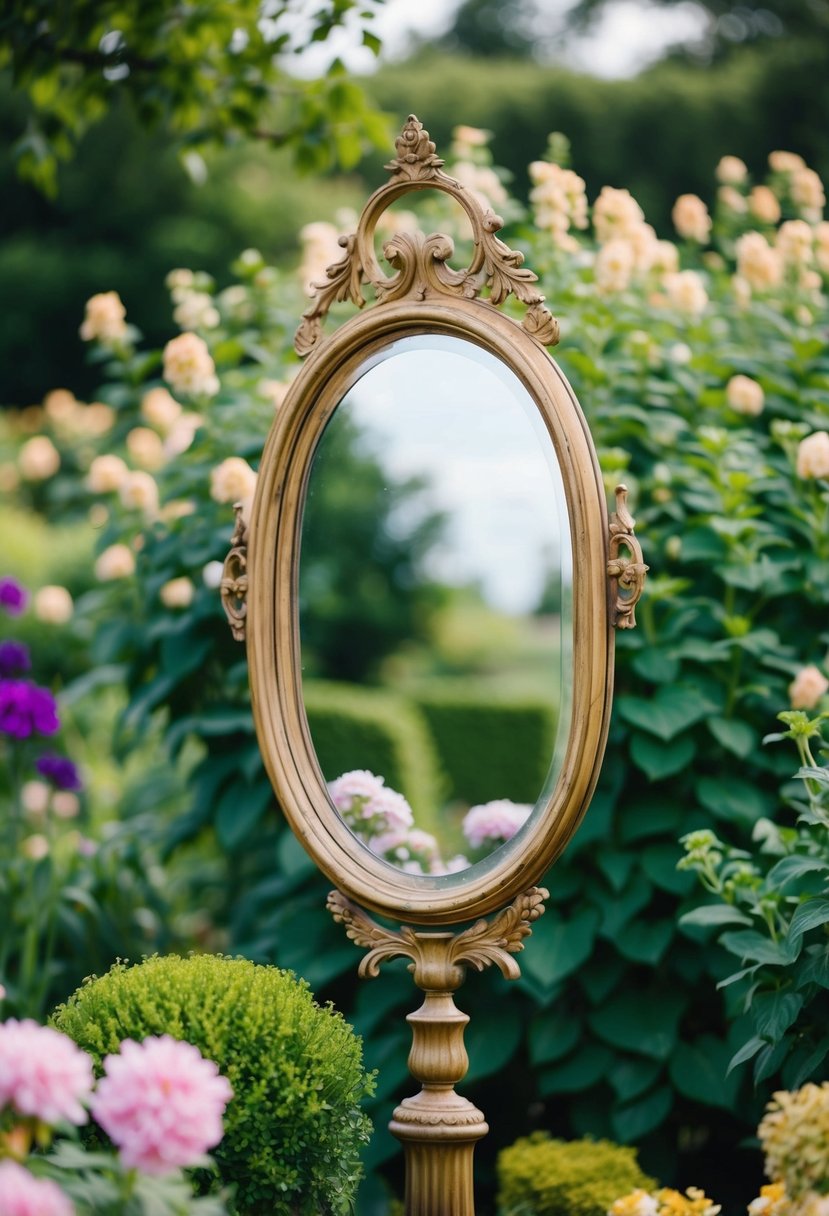 A vintage garden mirror reflects a lush garden scene with blooming flowers and a serene atmosphere