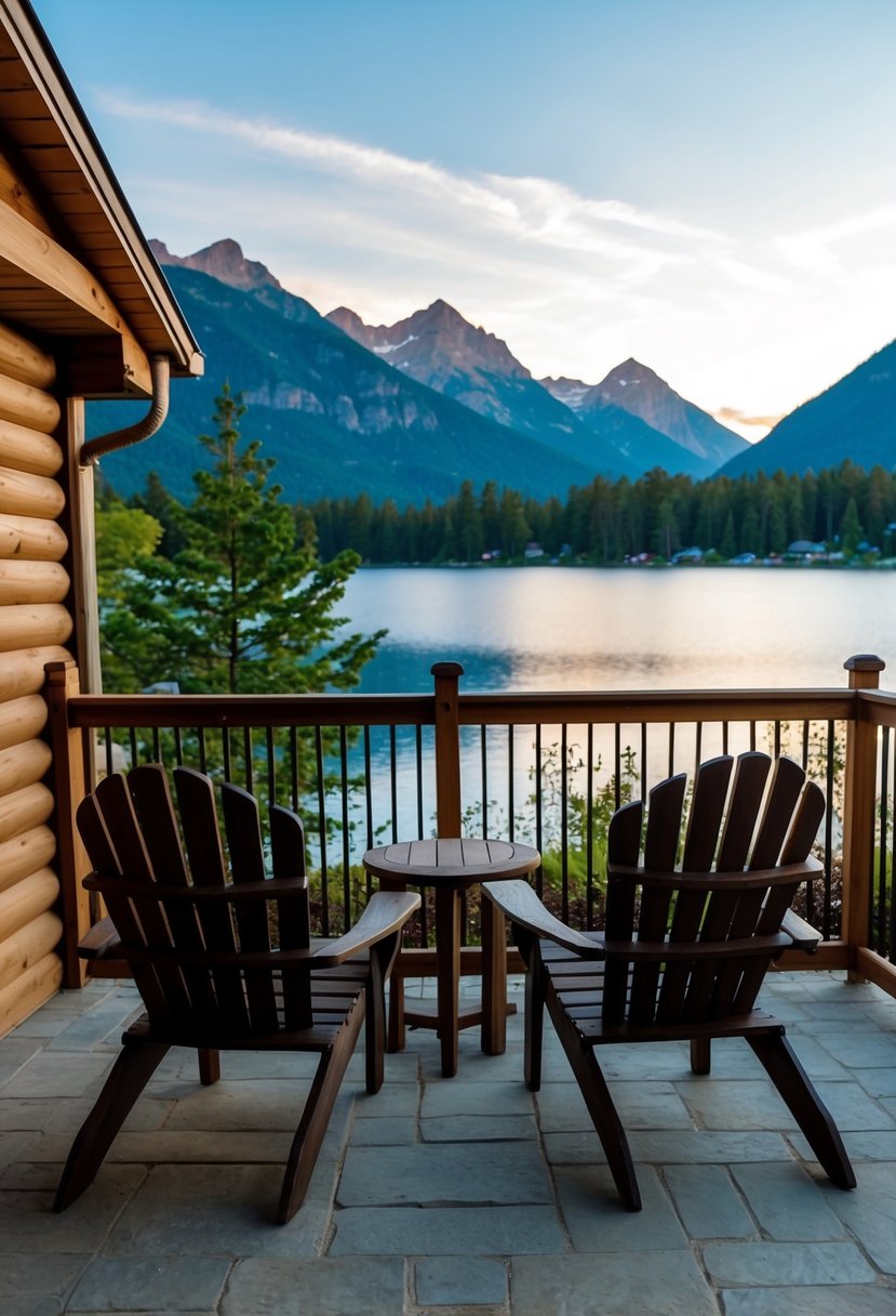 A cozy patio with a set of Adirondack chairs overlooking a scenic view of mountains and a tranquil lake