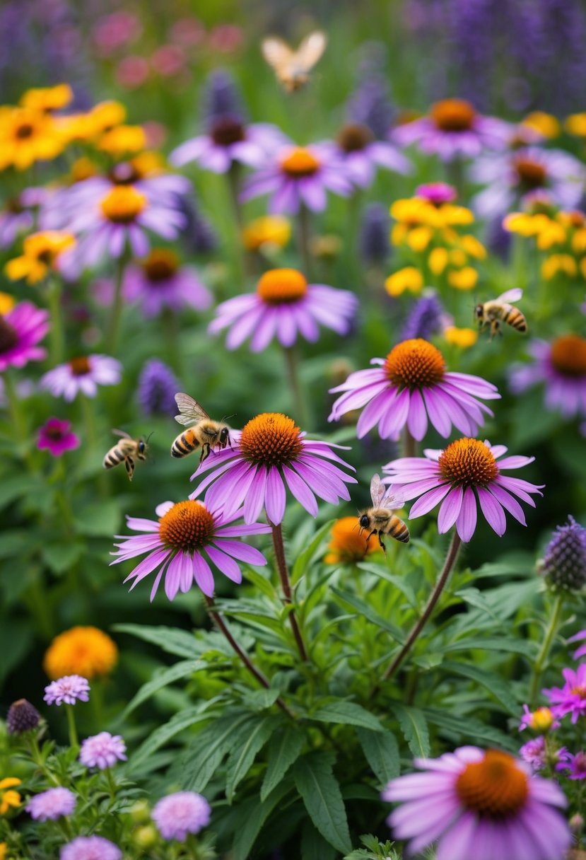 A vibrant garden filled with purple coneflowers and wildflowers in full bloom. Bees and butterflies flit among the colorful blossoms