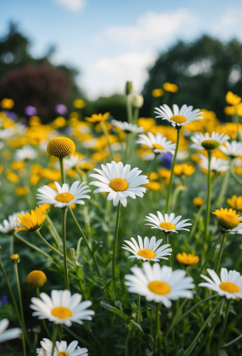 A field of oxeye daisies and wildflowers in a garden