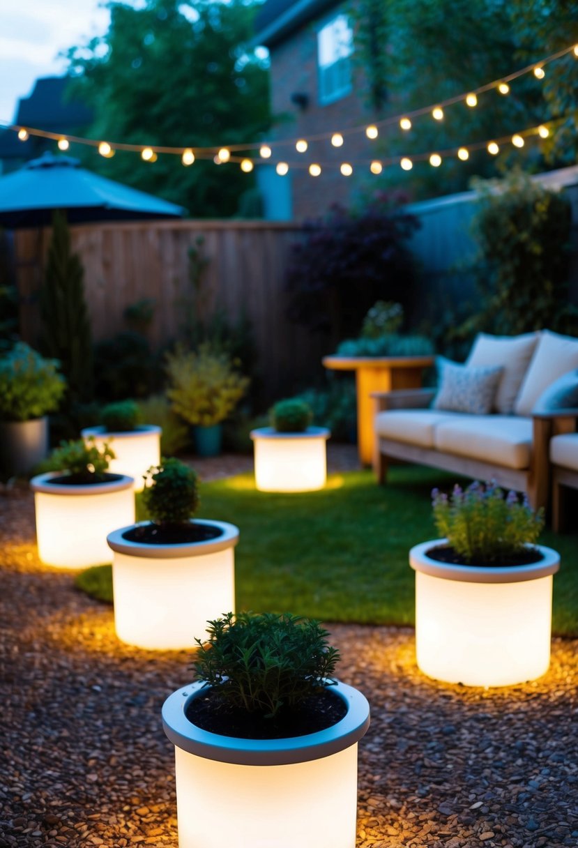 A backyard garden filled with LED light-up planters illuminating the space, creating a magical and enchanting atmosphere