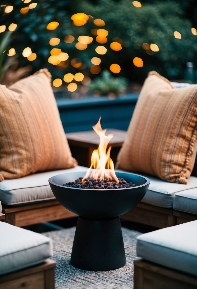 A cozy outdoor setting with a small tabletop fire bowl surrounded by seating, creating a warm and inviting atmosphere for social gatherings