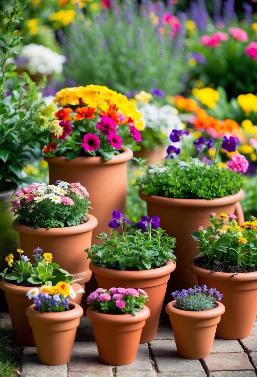 A variety of clay pipe planters arranged in a garden setting, filled with a colorful assortment of flowers and greenery