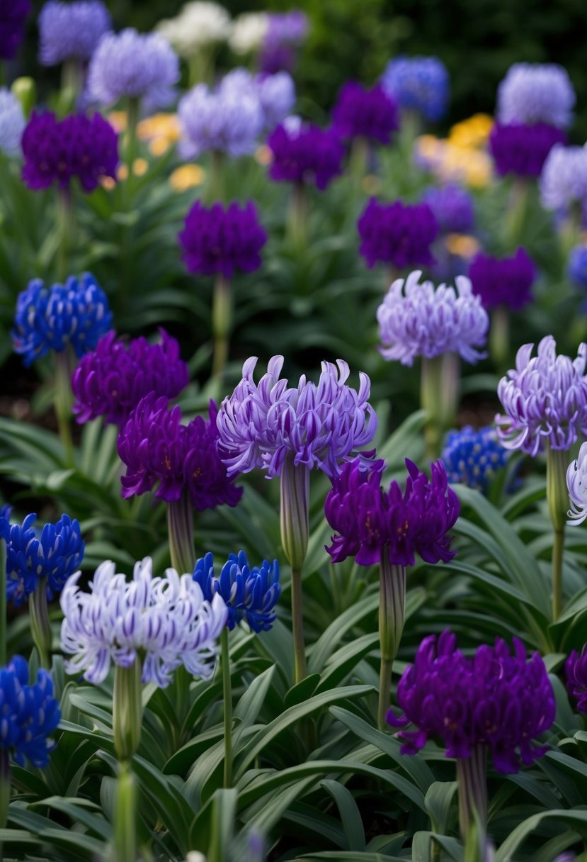 A lush garden filled with blooming Agapanthus 'Royal Velvet' in various shades of deep purple and blue, creating a vibrant and captivating display