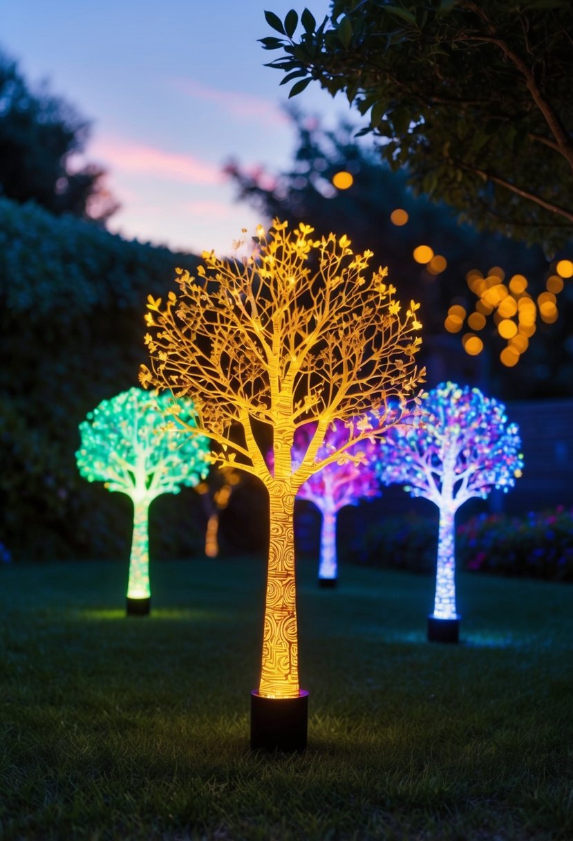Holographic tree projectors illuminate a garden with vibrant colors and patterns