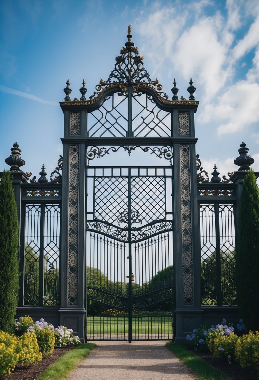 A grand, intricate geometric garden gate stands tall, adorned with ornate patterns and elegant details