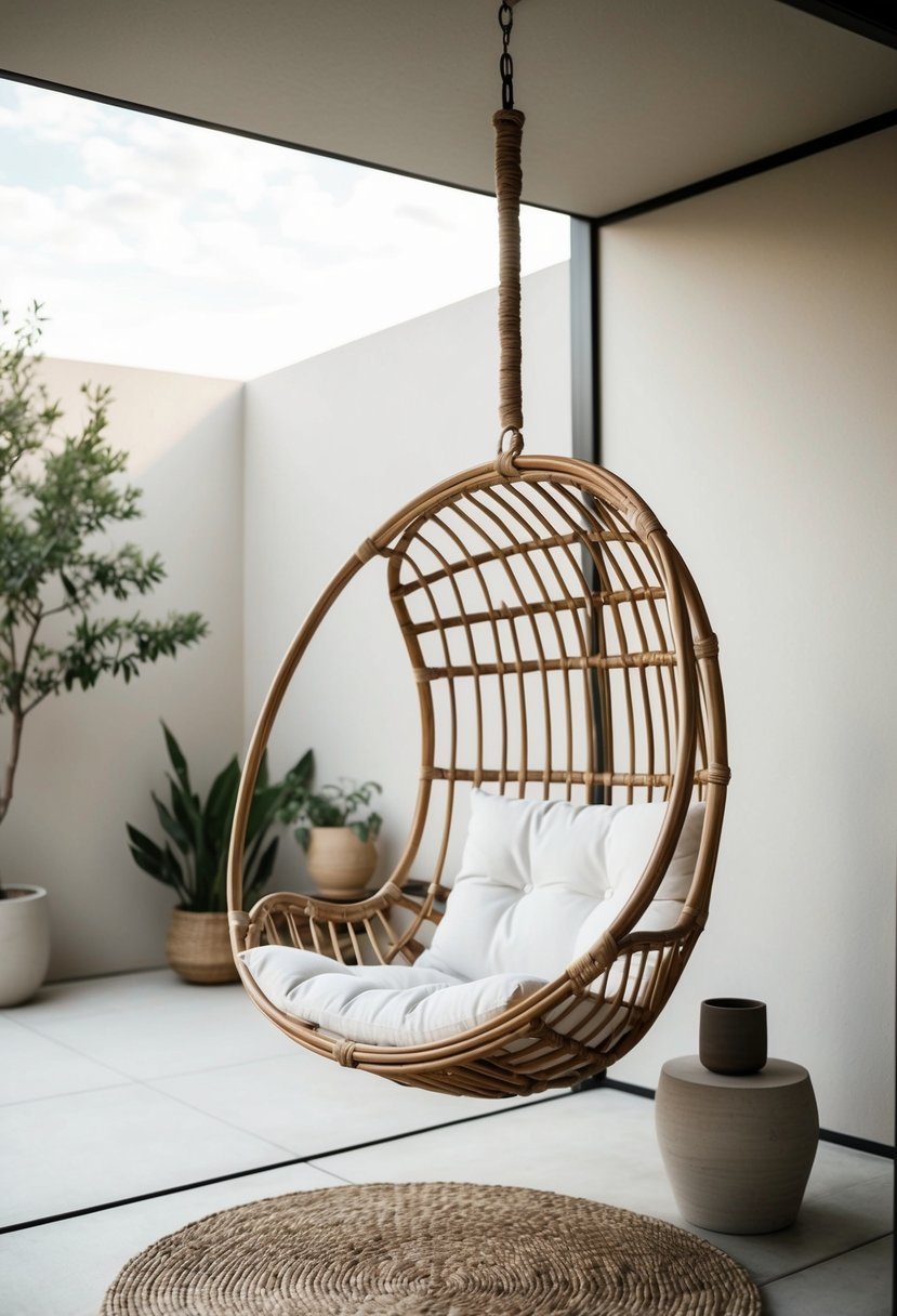 A rattan hanging chair suspended in a minimalist Japandi patio with clean lines, neutral colors, and natural textures