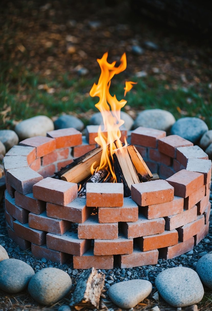 A rustic fire pit made of salvaged bricks, surrounded by a circle of stones, with logs and kindling ready to be lit