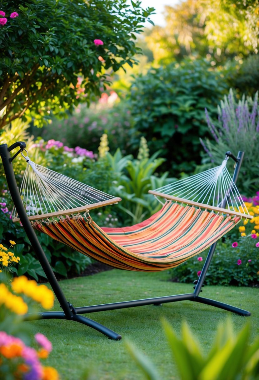 A double hammock with a stand is set up in a lush garden, surrounded by colorful flowers and greenery. The hammock is gently swaying in the breeze, inviting relaxation and leisure