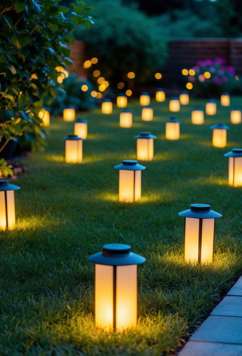 A backyard garden filled with softly glowing ground stake lanterns, illuminating the landscape with 49 different lighting ideas