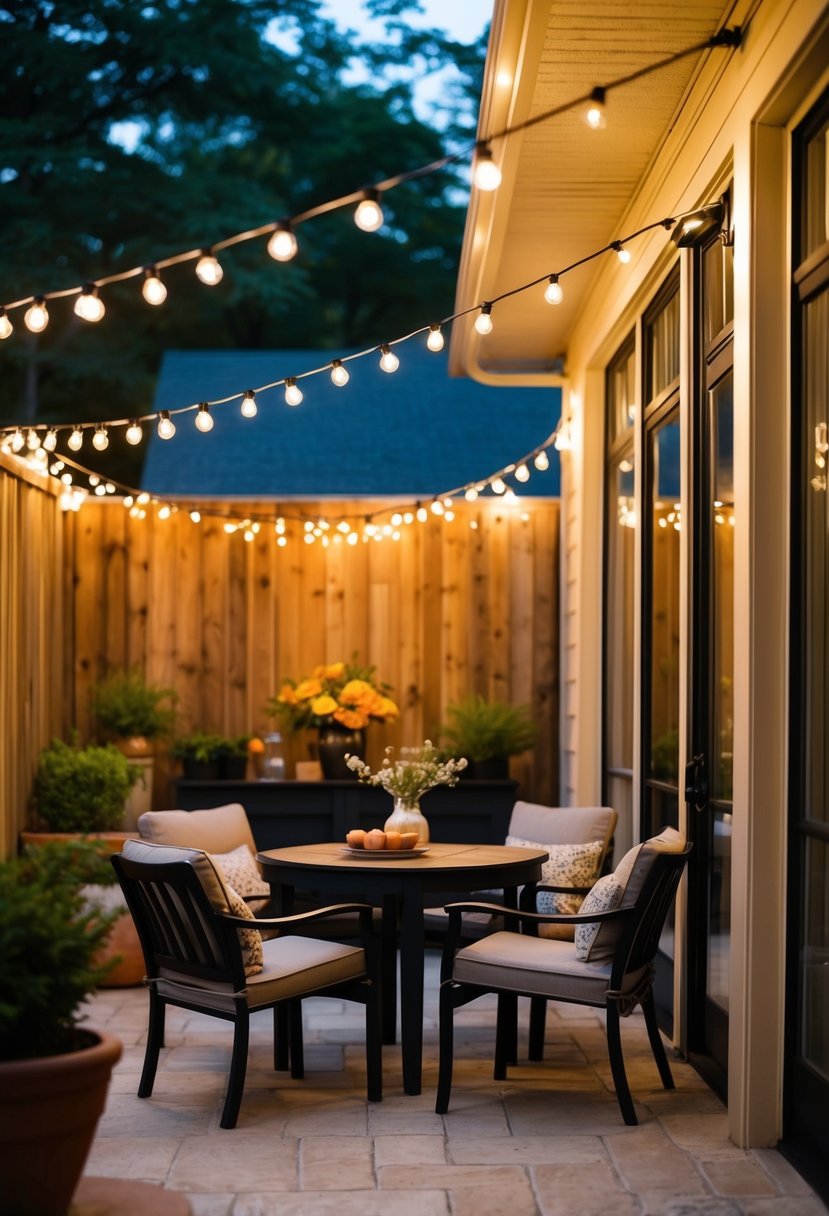 A cozy patio adorned with string lights, creating a warm and inviting atmosphere for outdoor gatherings and relaxation