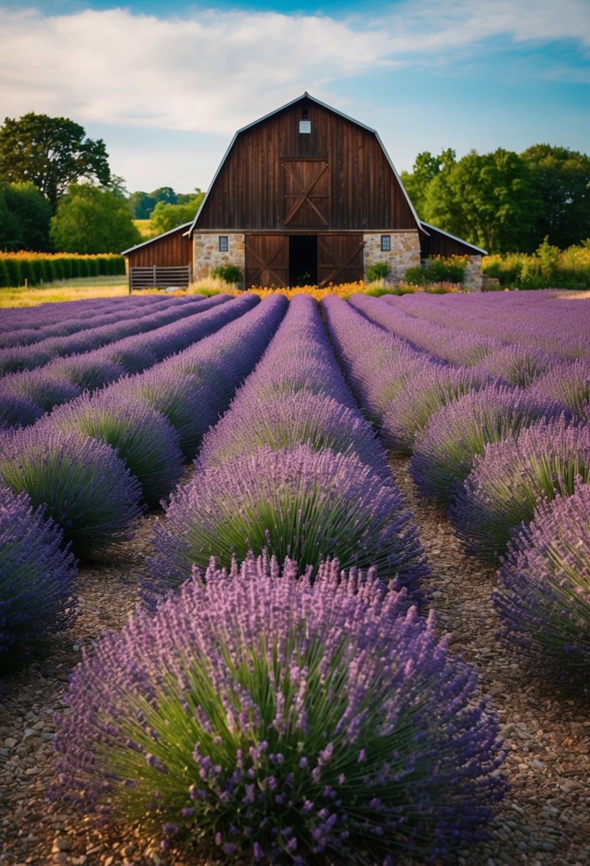 A rustic barn stands in the midst of 47 gardens filled with vibrant lavender fields