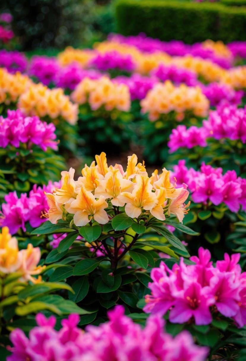A lush garden filled with vibrant Azalea 'Golden Lights' in full bloom, creating a colorful and enchanting display