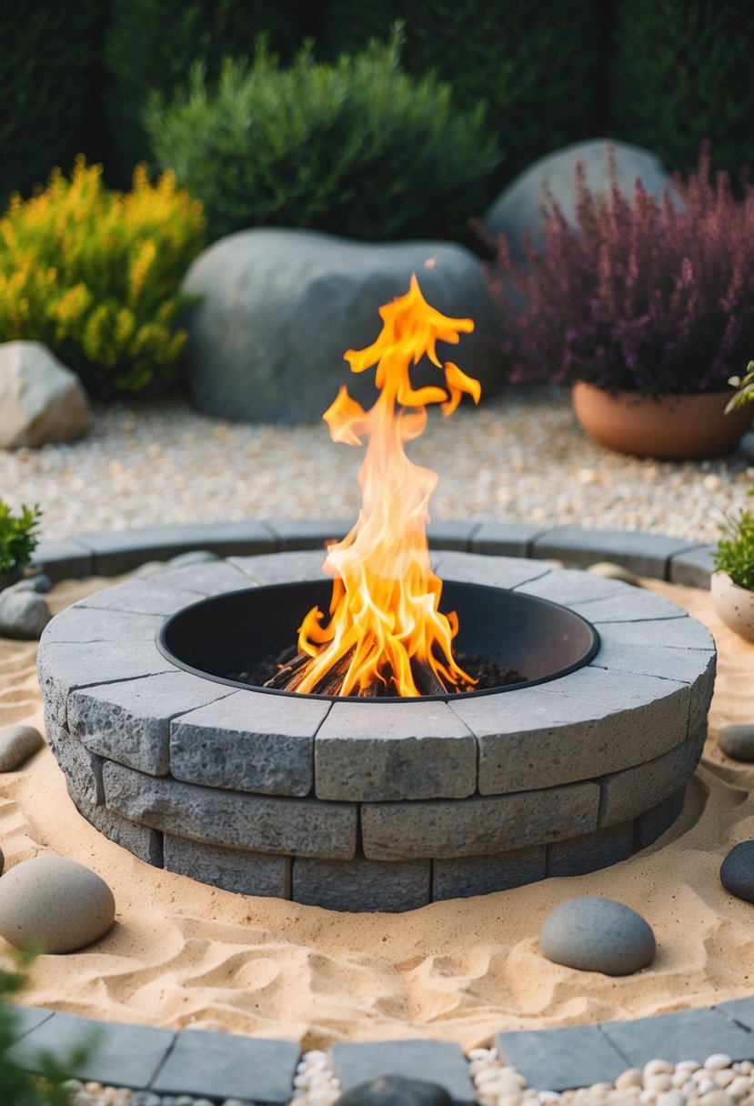 A circular stone fire pit surrounded by Zen sand and natural elements, with a peaceful and serene atmosphere