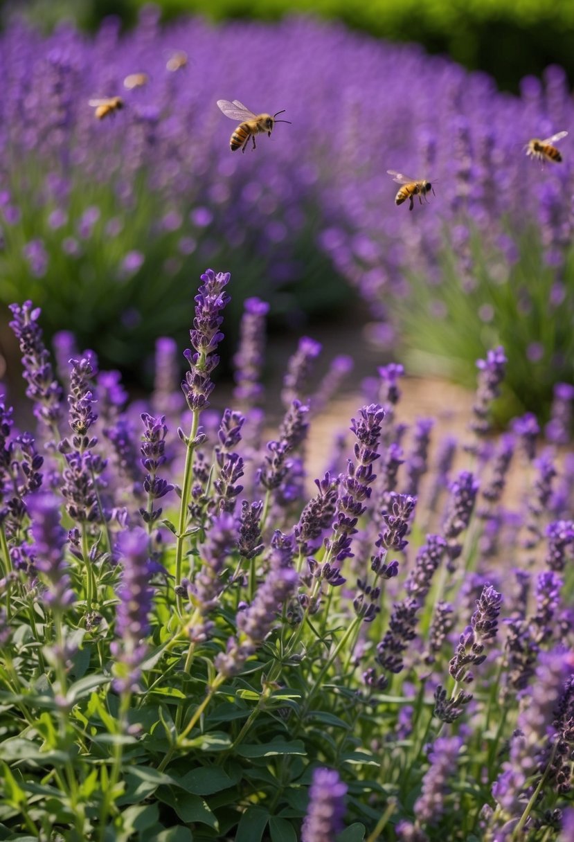 A vibrant garden filled with lavender plants buzzing with pollinators