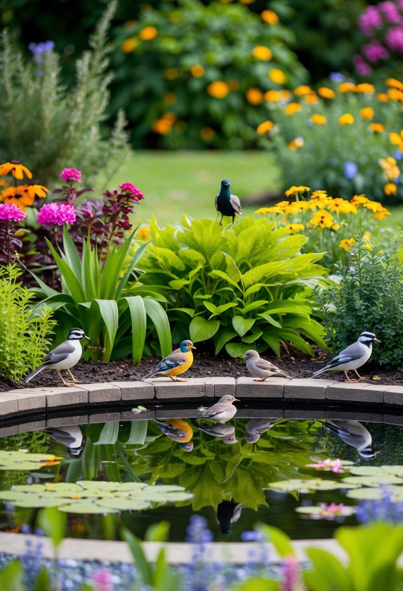 A garden pond surrounded by bird-friendly plants, with colorful flowers and lush green foliage, attracting various bird species