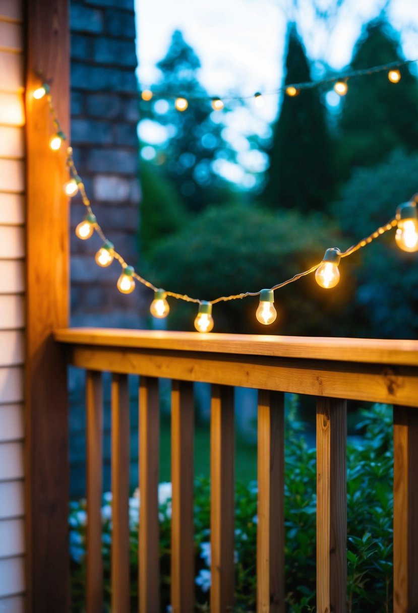 String bulbs wrap around a wooden porch rail, casting a warm glow over the garden below