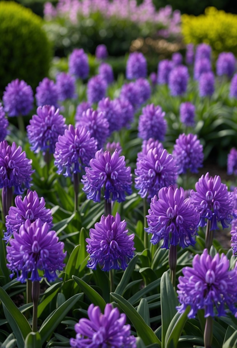 A lush garden filled with vibrant Agapanthus 'Midnight Dream' in full bloom, creating a stunning display of purple and blue hues