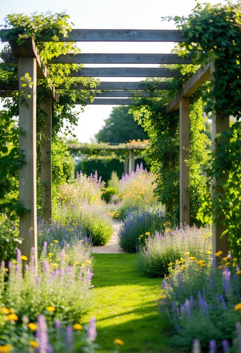 A lush garden with a pergola covered in wildflowers, creating a serene haven for visitors to enjoy