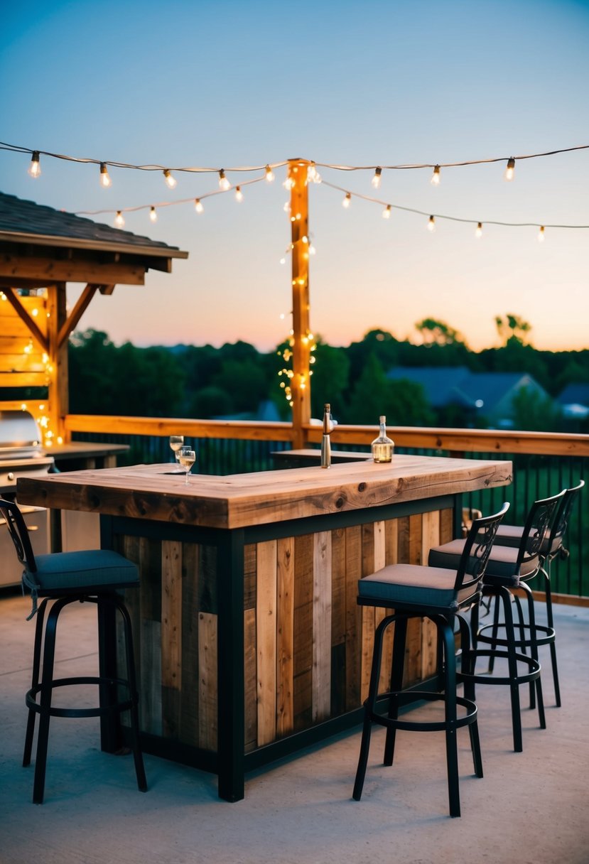 A rustic patio bar with a reclaimed wood bar top, surrounded by outdoor seating and adorned with string lights