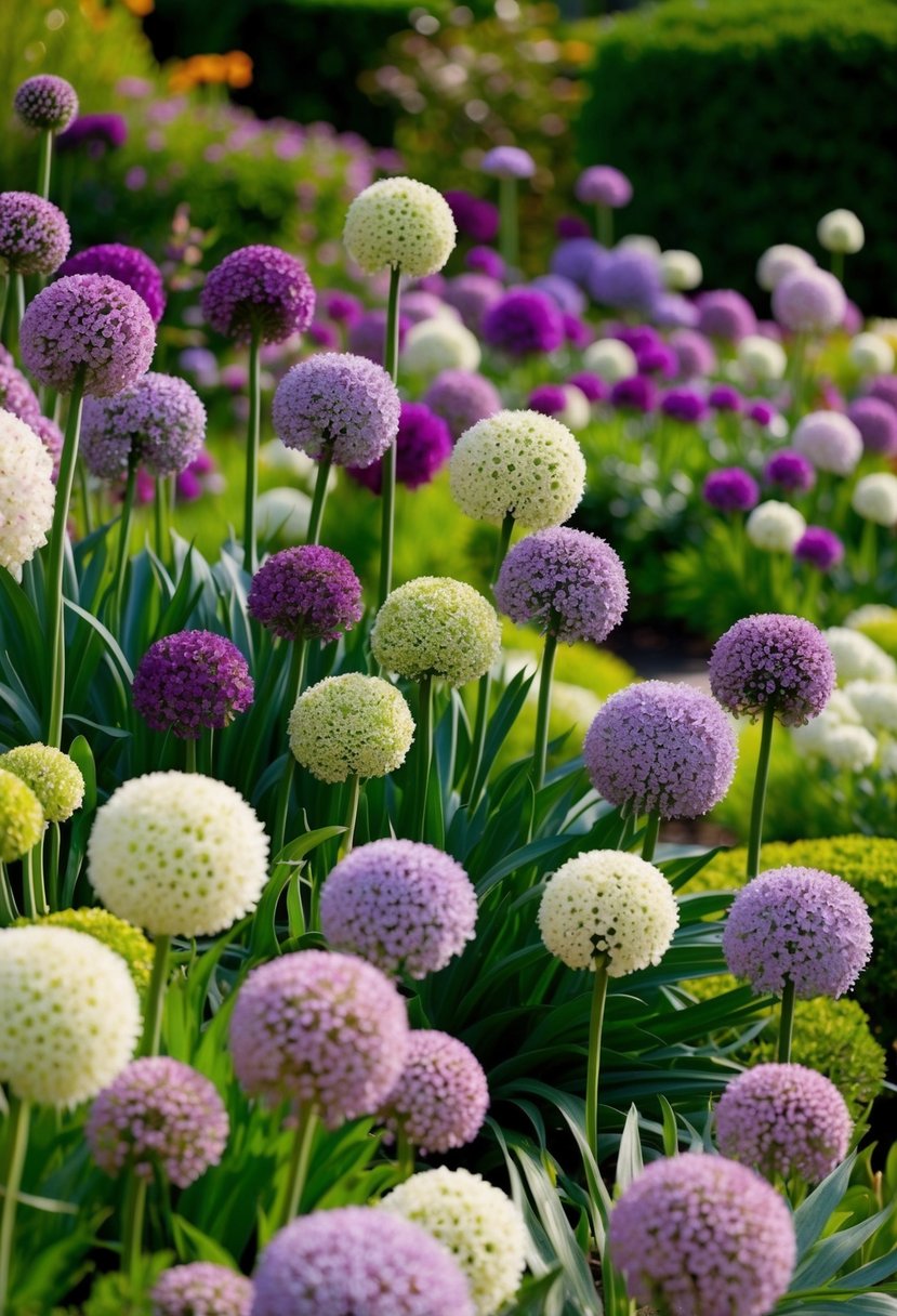 A lush garden filled with round and glossy allium flowers in various shades of purple and white, creating a vibrant and colorful display