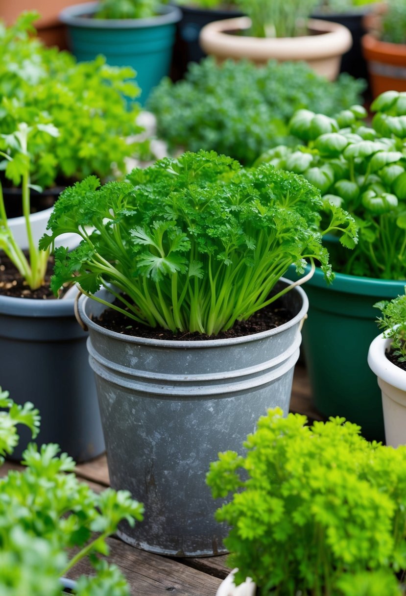 Fresh parsley growing in a weathered, recycled bucket among 30 other herb gardens in various containers