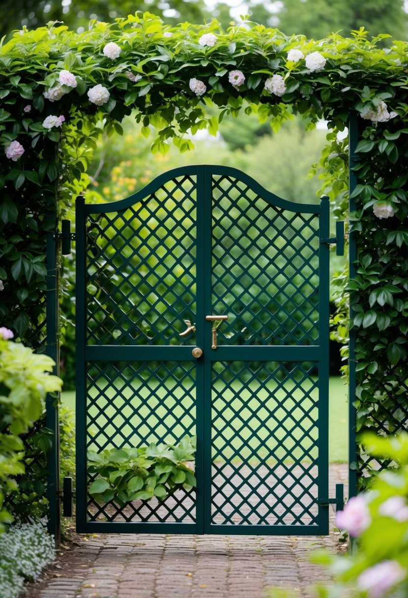 A laser-cut patterned garden gate stands open, framed by lush green foliage and flowers