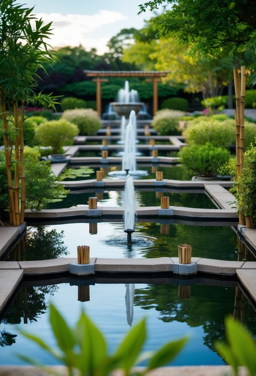 A serene garden with 32 ponds, each adorned with bamboo decorations and fountains