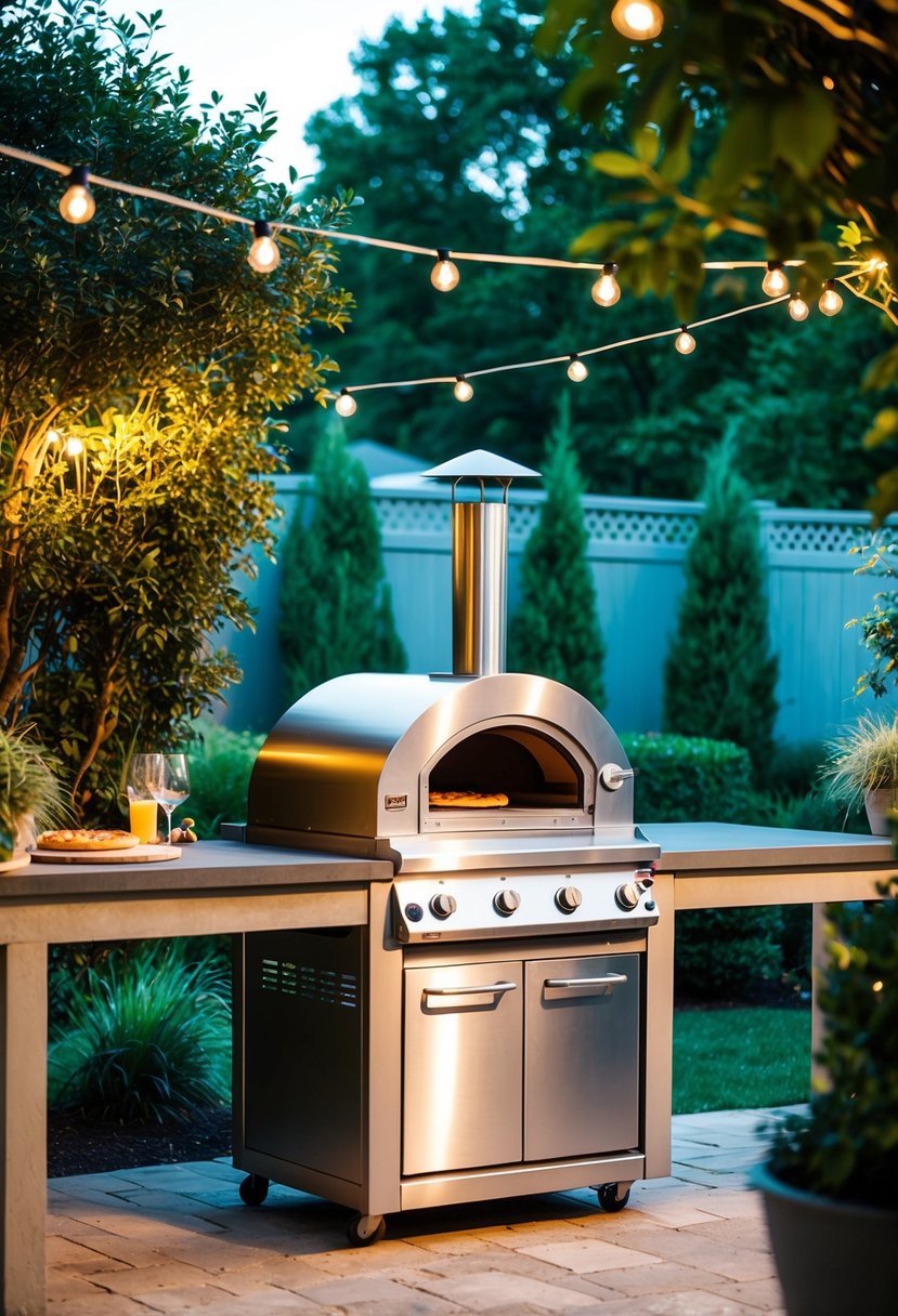 A backyard patio with a Pizzacraft Pizzeria Pronto 27 outdoor kitchen featuring a pizza oven, surrounded by lush greenery and decorative lighting
