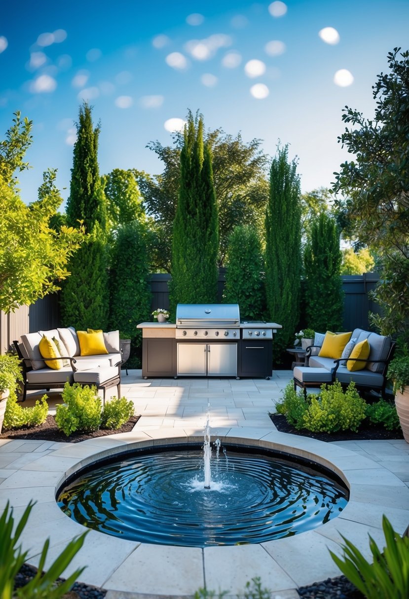 A serene water feature complements a spacious BBQ area on a 35-patio, surrounded by lush greenery and comfortable seating