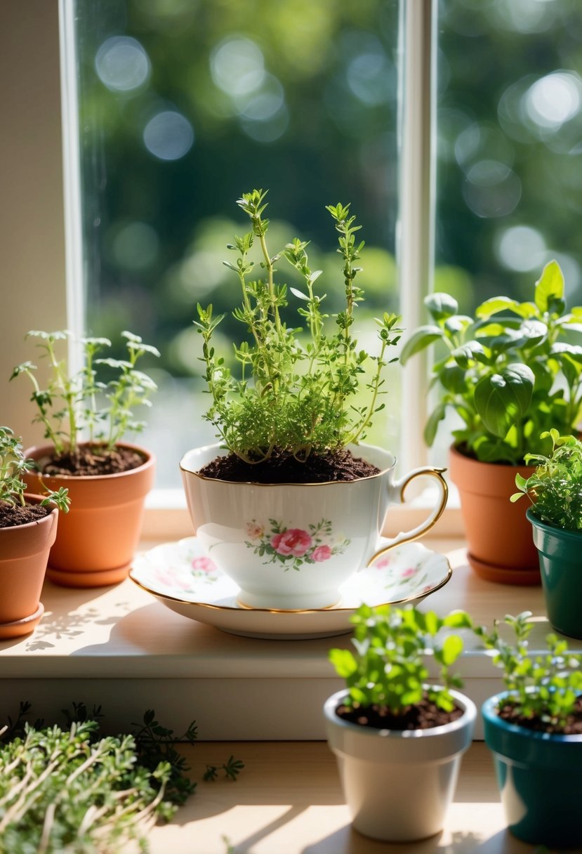 A teacup filled with thyme surrounded by various potted herbs on a sunny windowsill