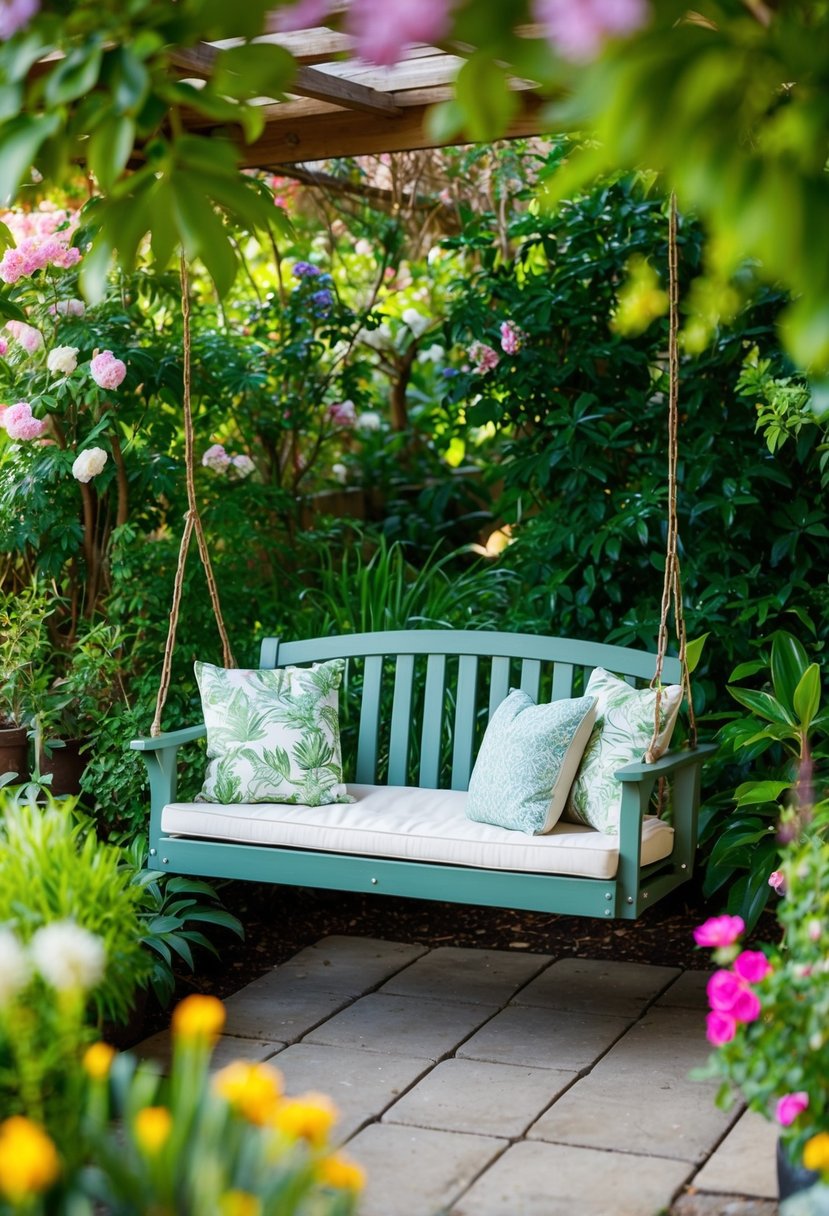 A cozy bench swing hangs in a lush garden nook, surrounded by blooming flowers and greenery
