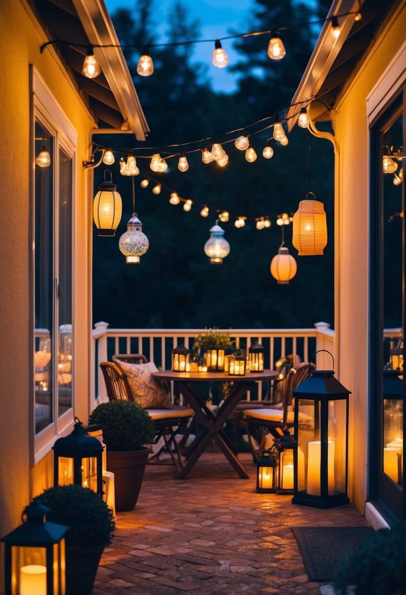 A cozy patio adorned with various lanterns of different shapes and sizes, casting a warm and inviting glow in the evening