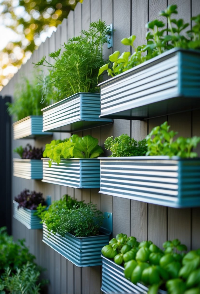 Corrugated metal planters hang on 22 herb garden walls