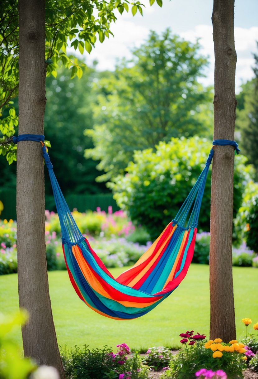 A colorful parachute hammock hangs between two trees in a lush garden, surrounded by flowers and greenery