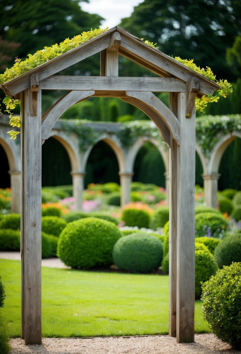 A weathered wooden arbor stands amid 32 lush gardens with arches