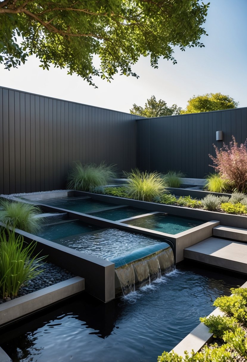 A modern garden with sculptural water features, including 27 gardens with streams