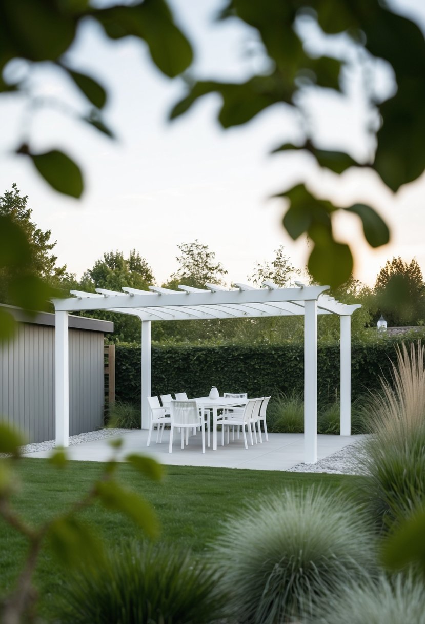 A minimalist pergola stands in a serene Scandinavian garden, surrounded by clean lines and natural materials