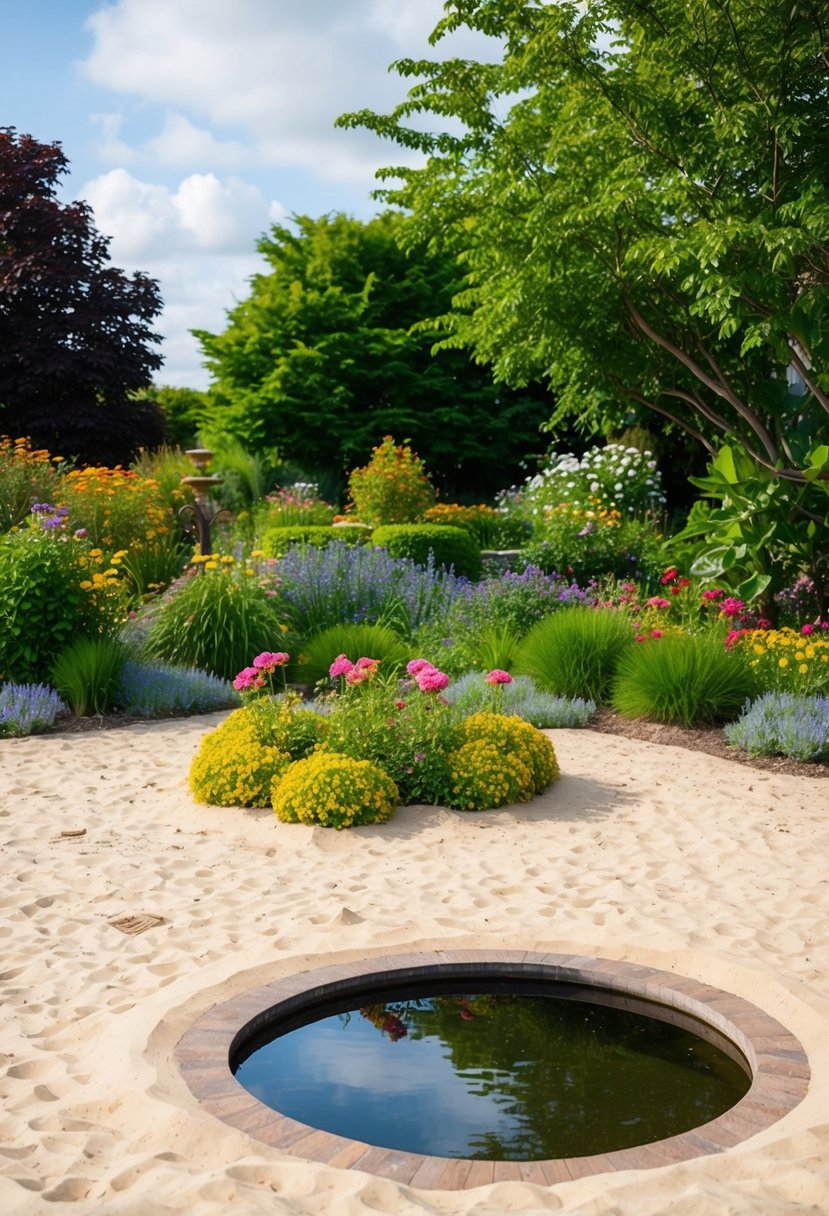 A sandy beach with a garden pond surrounded by lush greenery and colorful flowers