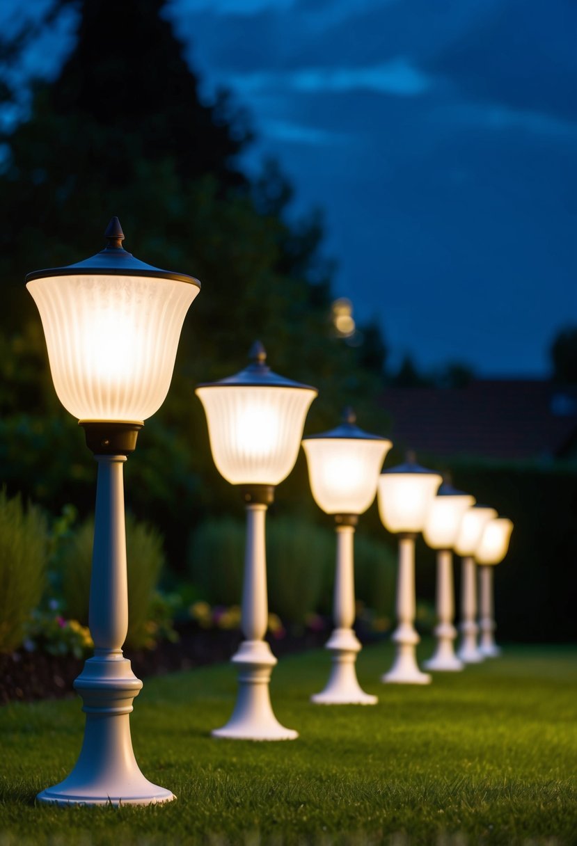 A row of frosted glass garden lamps illuminating a peaceful outdoor garden at night