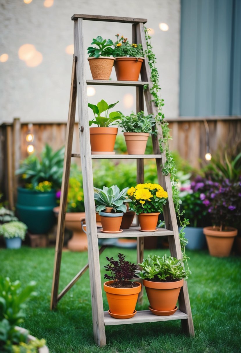 A repurposed wooden ladder adorned with various potted plants, creating a unique and charming garden container display