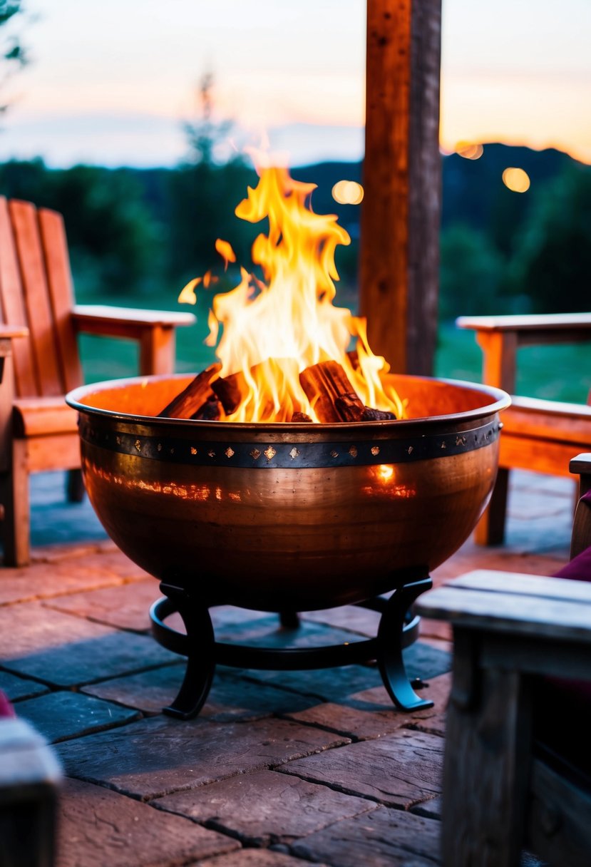 A copper cauldron fire pit surrounded by rustic outdoor seating and illuminated by the warm glow of the flames