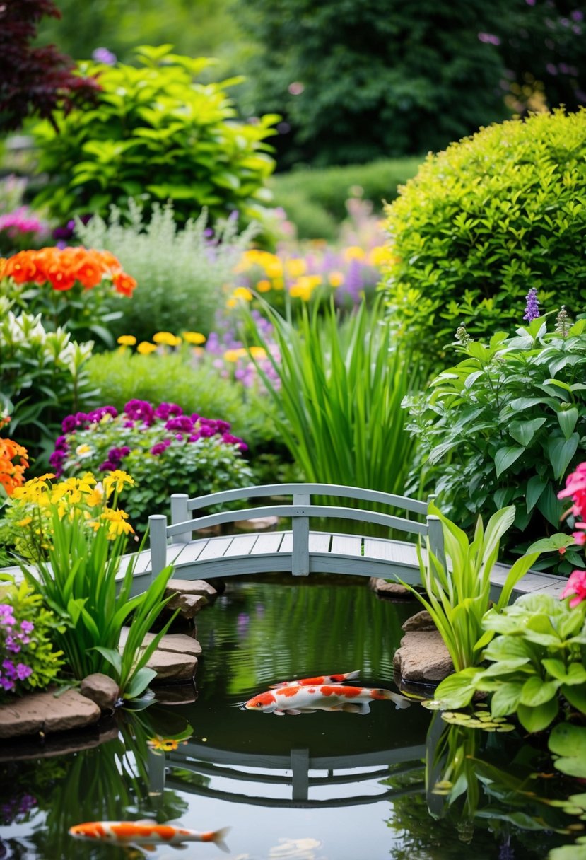 A tranquil garden pond surrounded by lush greenery and colorful flowers. A small bridge crosses over the water, with koi swimming beneath