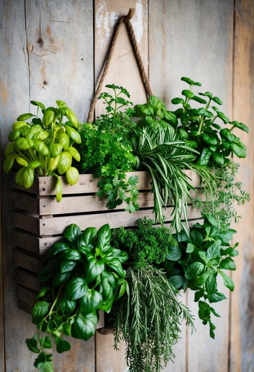 A weathered wood planter hangs on a rustic wall, overflowing with 22 varieties of lush green herbs