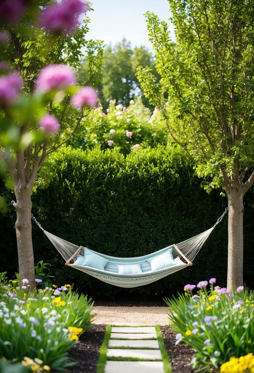 A serene garden with a hammock nestled between two trees, surrounded by blooming flowers and lush greenery