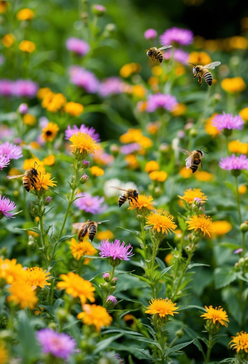 A vibrant garden filled with bee balm and wild flowers in full bloom, buzzing with bees and butterflies