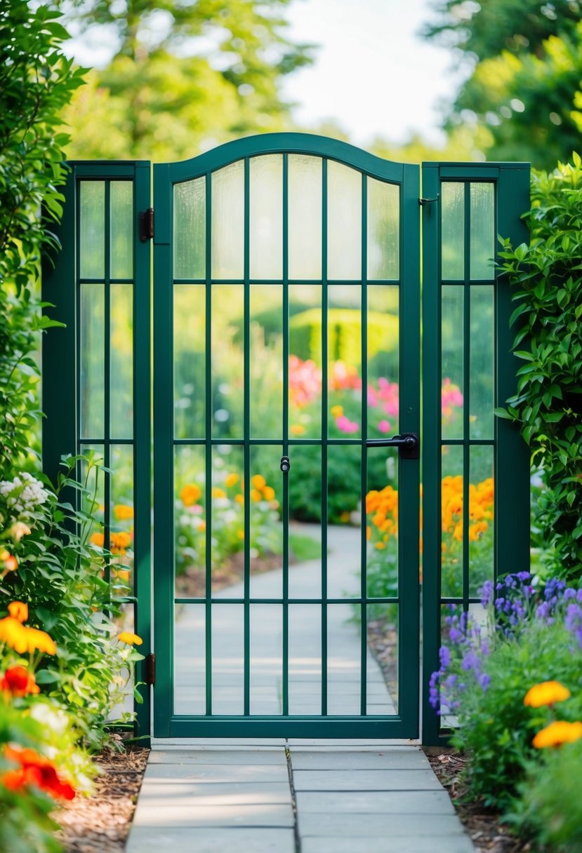 A glass-paneled garden gate surrounded by lush greenery and colorful flowers