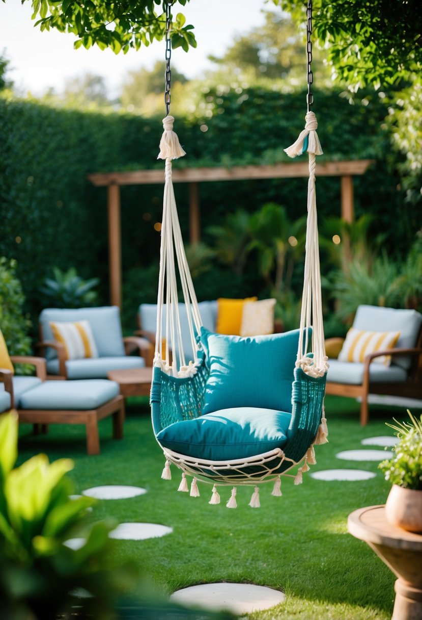 A hammock swing hanging in a lush garden surrounded by various seating options
