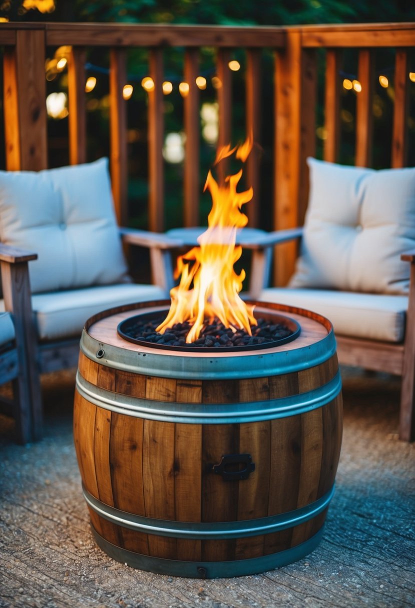 A wooden drum barrel converted into a fire pit, surrounded by rustic outdoor seating and illuminated by the warm glow of the flames